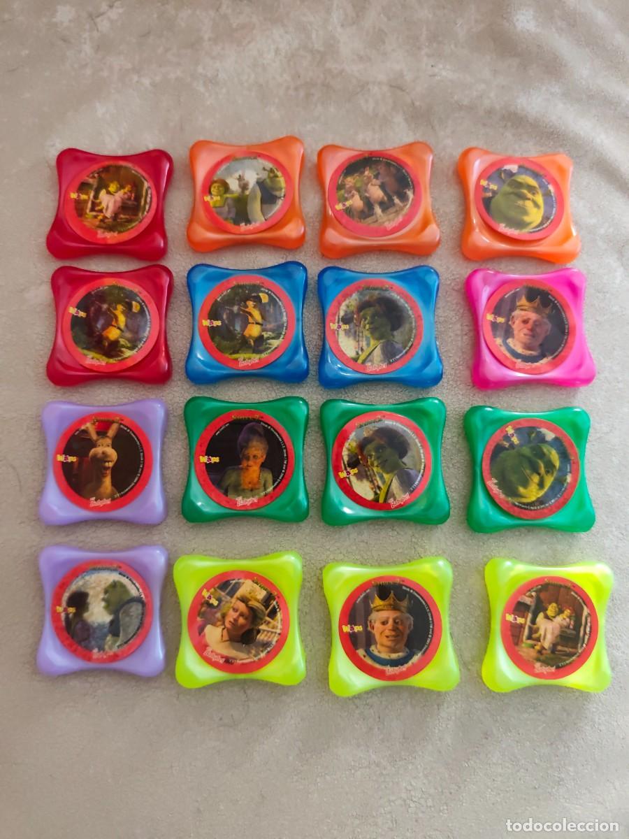Coleccionismo cromos antiguos: 12 TAZOS TAZOS WAPS DE PLASTICO SHREK 2 MINI BABYBEL