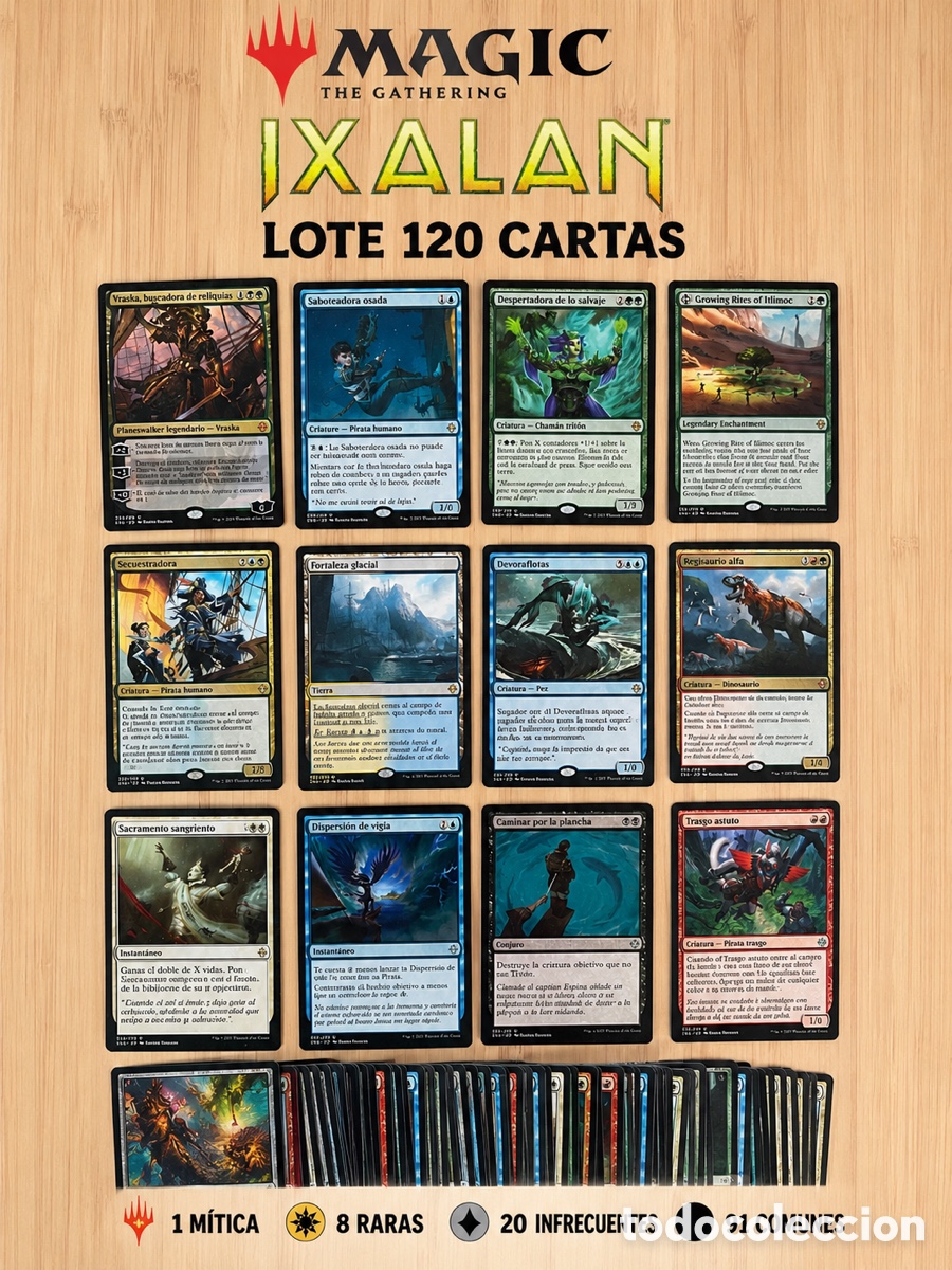 Coleccionismo cromos antiguos: Magic The Gathering Ixalan - Lote 120 cartas (1 M&iacute;tica, 8 Raras, 20 Infrecuentes y 91 Comunes)