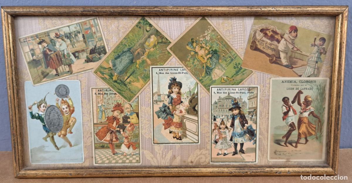 Coleccionismo cromos antiguos: Cuadro con cromos originales antiguos (Antipirina, Chocolate), ca. 1890&ndash;1910