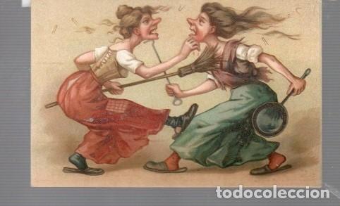 Coleccionismo cromos antiguos: POSTAL MUY ANTIGUA ALEMANA DE HUMOR DOS SE&Ntilde;ORAS DE PELEA SIN ESTAR ESCRITA