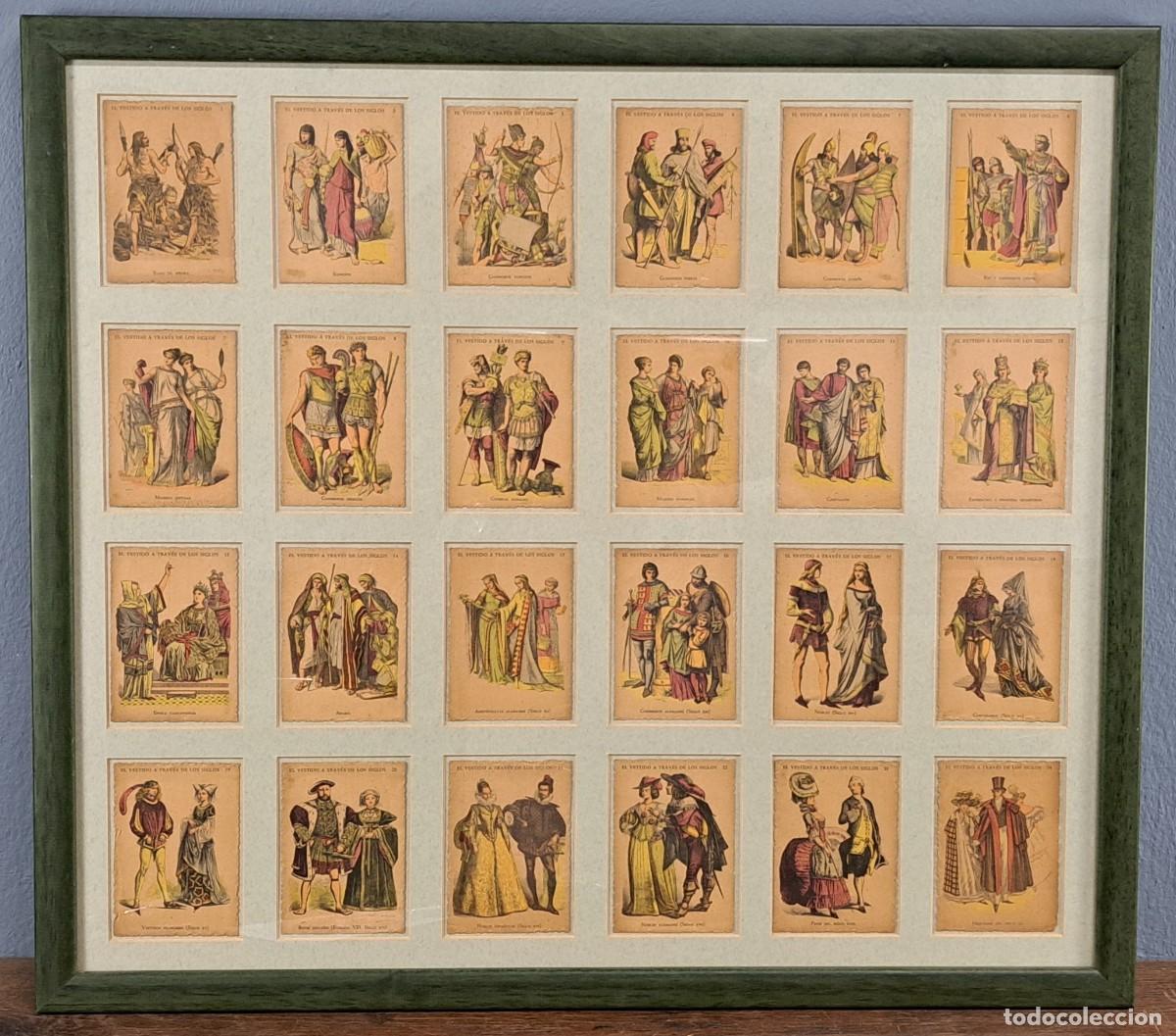 Coleccionismo cromos antiguos: 24 cromos El vestido a trav&eacute;s de los siglos, enmarcados.