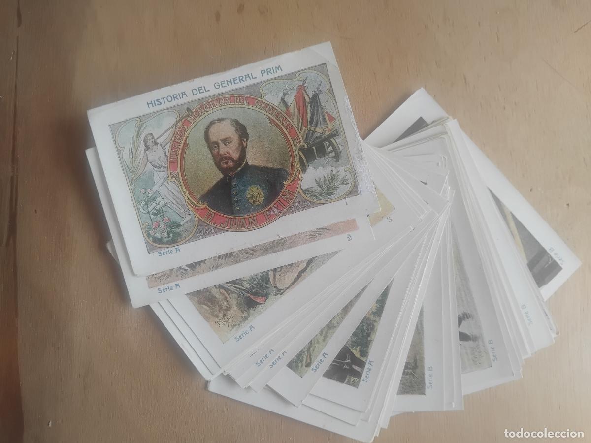 Coleccionismo cromos antiguos: HISTORIA DEL GENERAL PRIM SERIES A Y B. COLECCION COMPLETA DE 40 CROMOS.