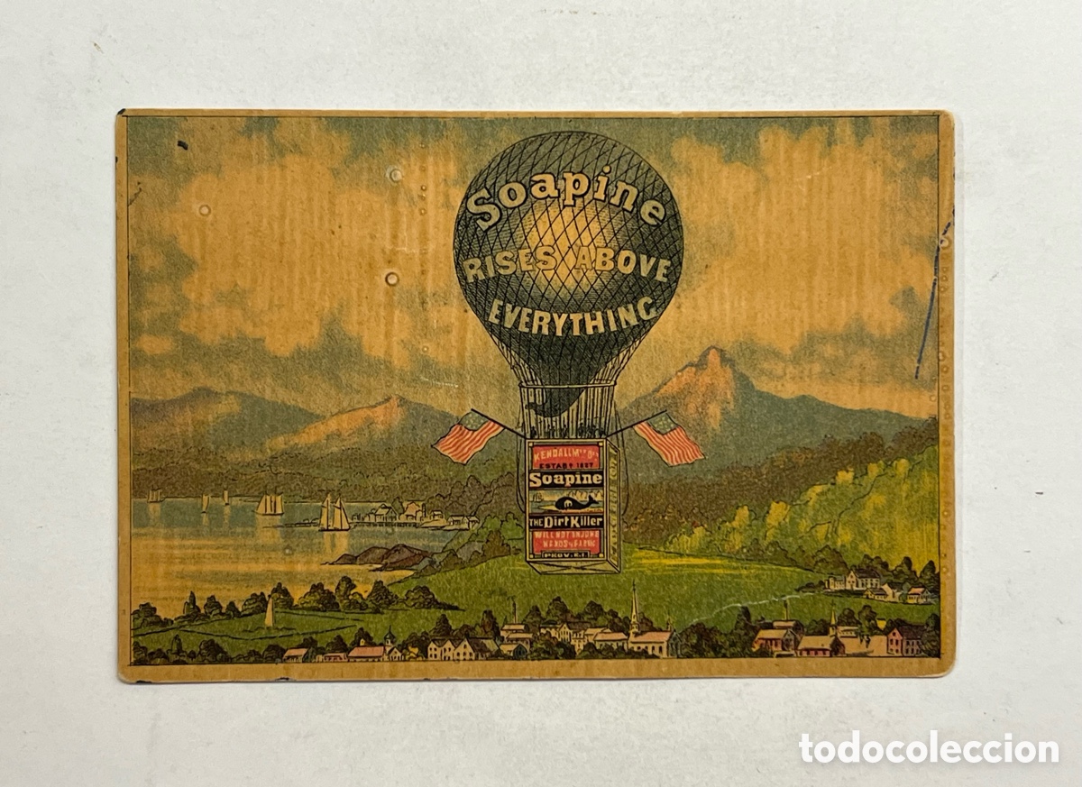 Coleccionismo cromos antiguos: SOAPINE. TARJETA COMERCIAL VICTORIANA. RECUBIERTA FANTAS&Iacute;A JAB&Oacute;N. BANDERA AMERICANA GLOBO