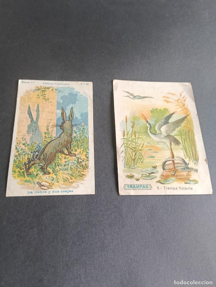 Coleccionismo cromos antiguos: Lote de 2 cromos antiguos Chocolates Comet (Figueras) - F&aacute;bulas Ilustradas y Trampas (ca. 1900-1920)