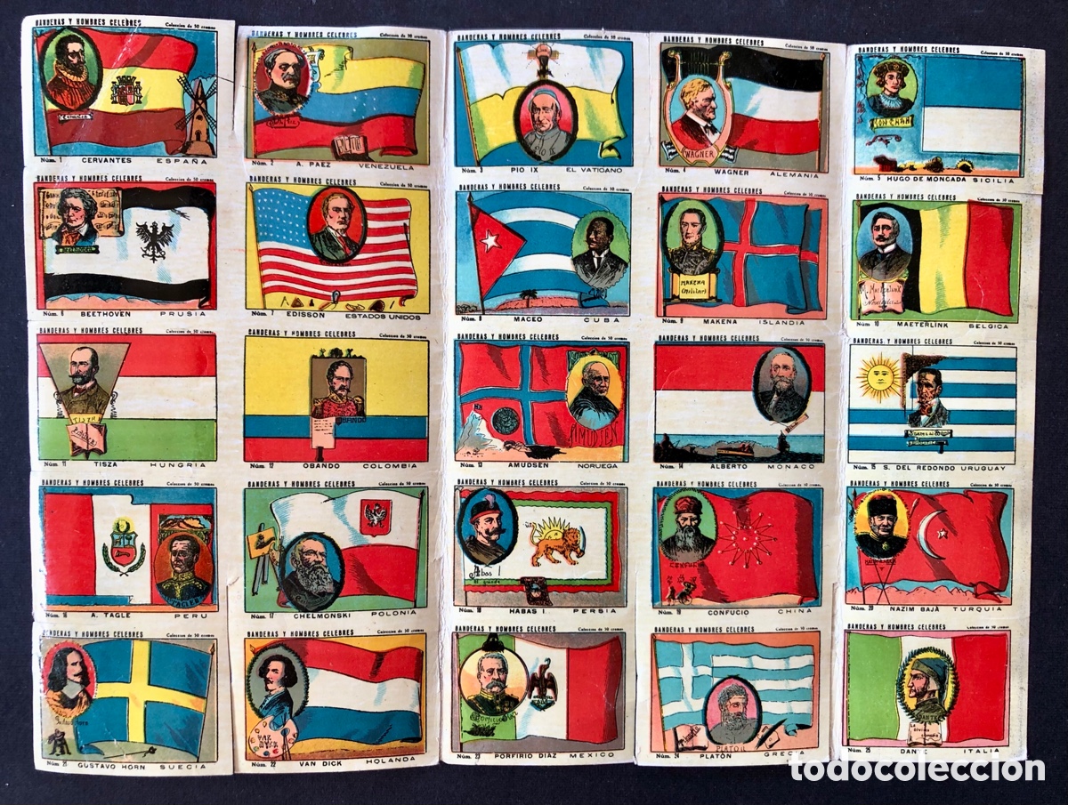 Coleccionismo cromos antiguos: BANDERAS Y HOMBRES CELEBRES - 25 CROMOS - CHOCOLATES EVARISTO JUNCOSA HIJO - EN UNA HOJA -