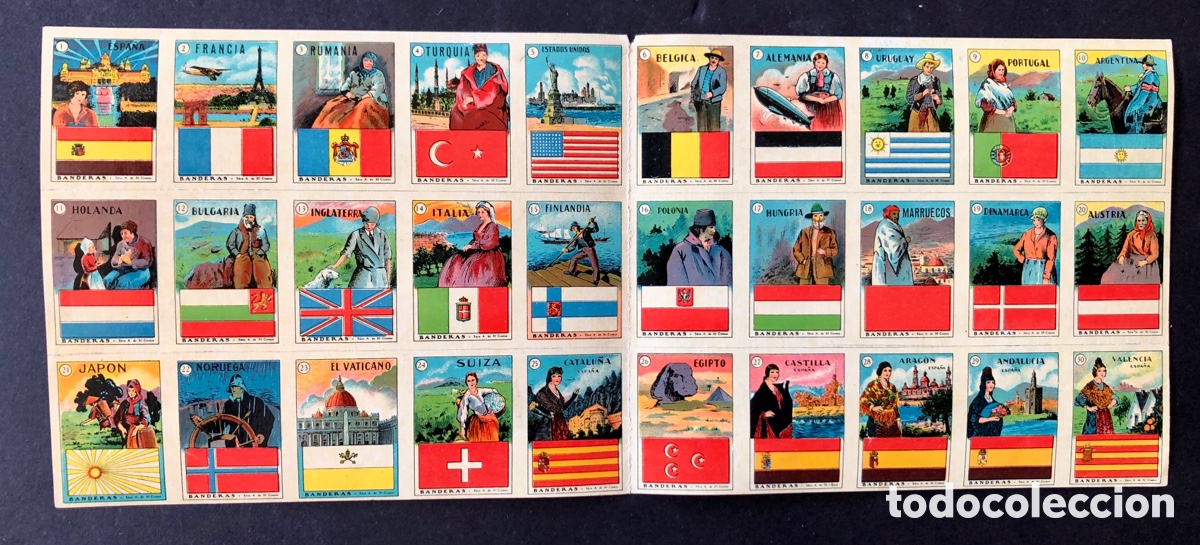 Coleccionismo cromos antiguos: BANDERAS - 30 CROMOS - CHOCOLATES JUNCOSA - EN UNA HOJA EN RAMA SIN CORTAR-