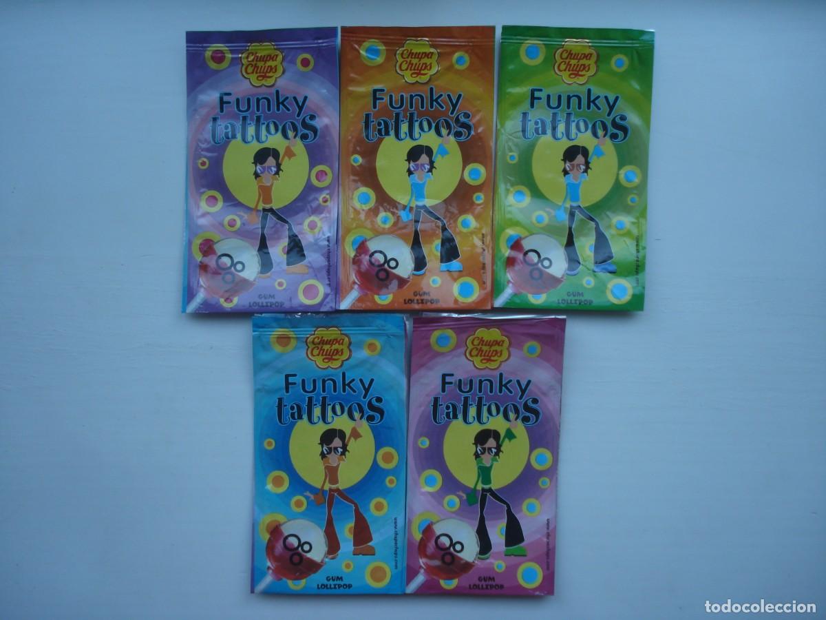 Coleccionismo cromos antiguos: 5 DIFERENTES ENVOLTORIOS FUNKY TATTOOS CHUPA CHUPS CROMOS CHICLES! KAUGUMMI BUBBLE GUM!