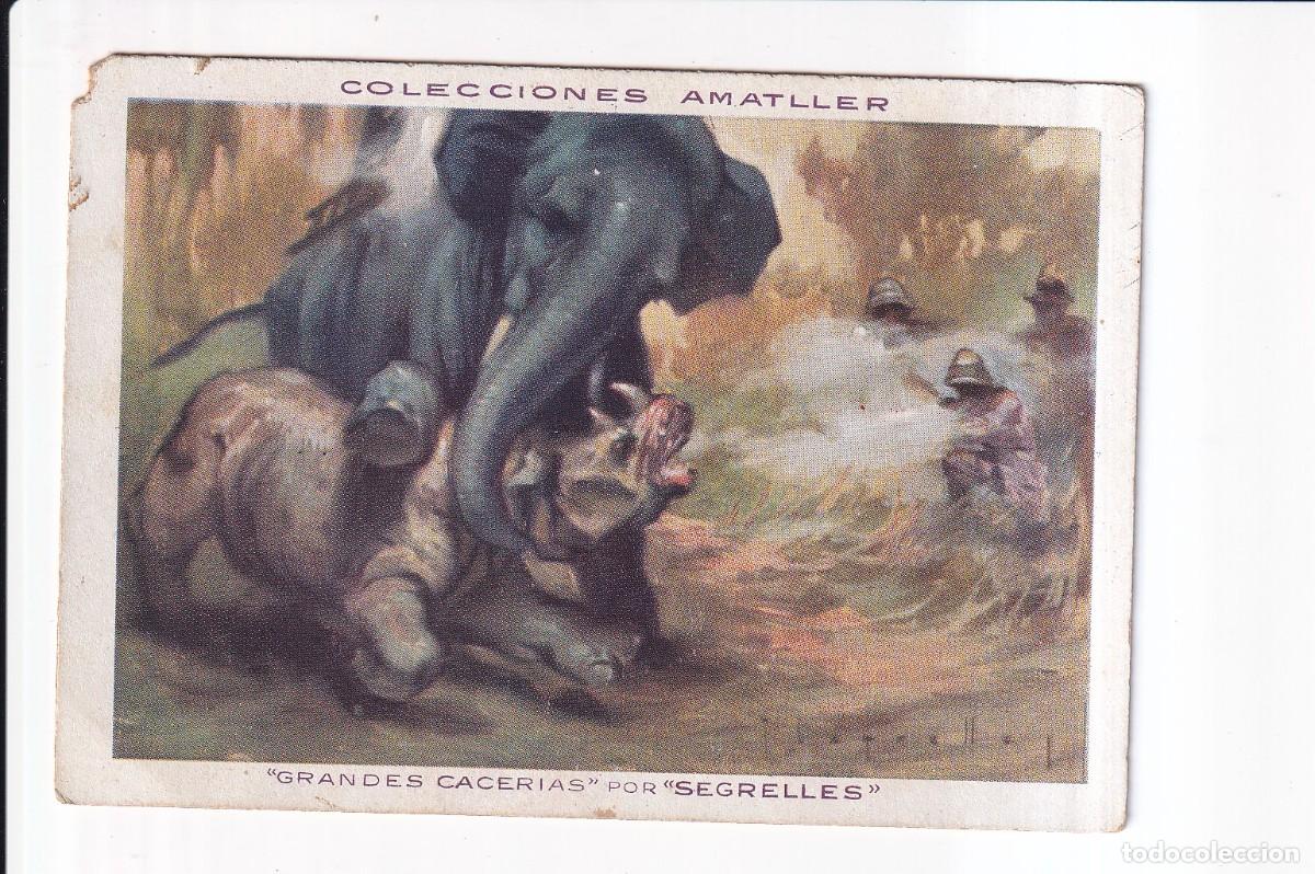 Coleccionismo cromos antiguos: GRANDES CACERIAS POR &rdquo;SEGRELLES&rdquo;: NUMERO 43 , RINOCERONTE .- CHOCOLATE AMATLLER