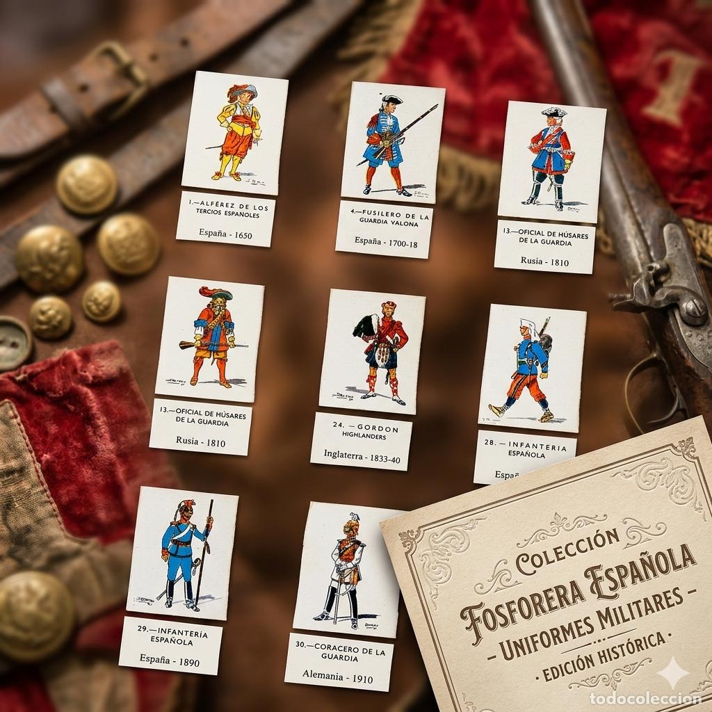 Coleccionismo cromos antiguos: ⚜️ C009. &Aacute;lbum Colecci&oacute;n Uniformes Militares Fosforera Espa&ntilde;ola 1961 Jose Maria Bueno Completo