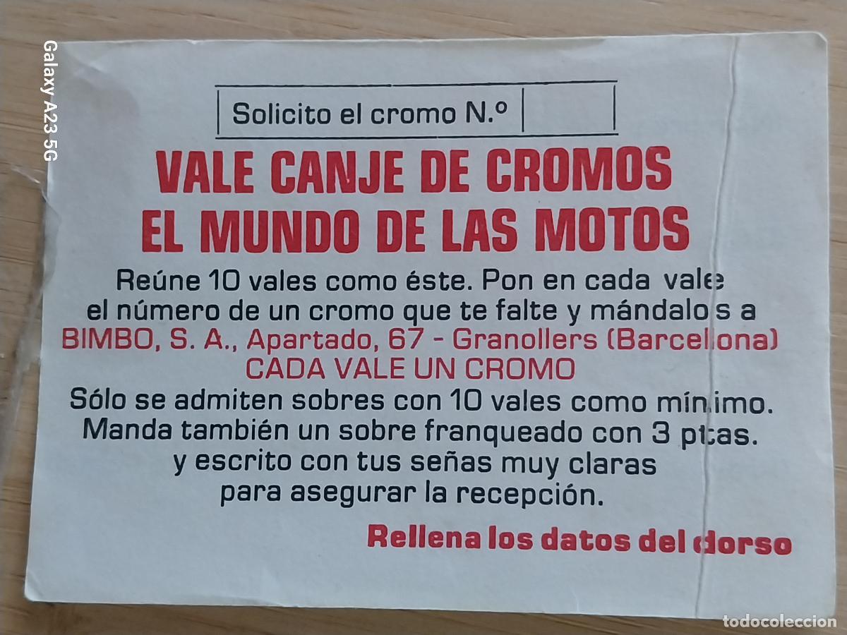 Coleccionismo cromos antiguos: VALE CANJEABLE BIMBO PASTELITOS A&Ntilde;O 1975 MUNDO MOTOS CROMO SIN PEGAR NUNCA