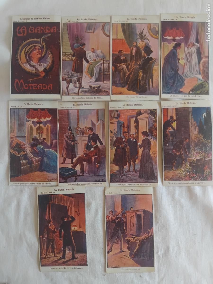 Coleccionismo cromos antiguos: AVENTURAS DE SHERLOCK HOLMES. LA BANDA MOTEADA. COMPLETA. 10 CROMOS. CHOCOLATE JAIME BOIX