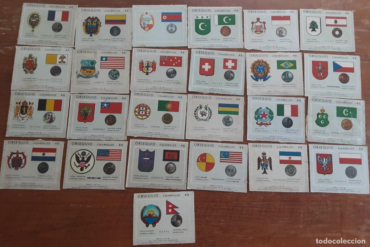 Coleccionismo cromos antiguos: Cigarrillos 46, lote de 25 cromos. Bandera, datos, escudo y moneda