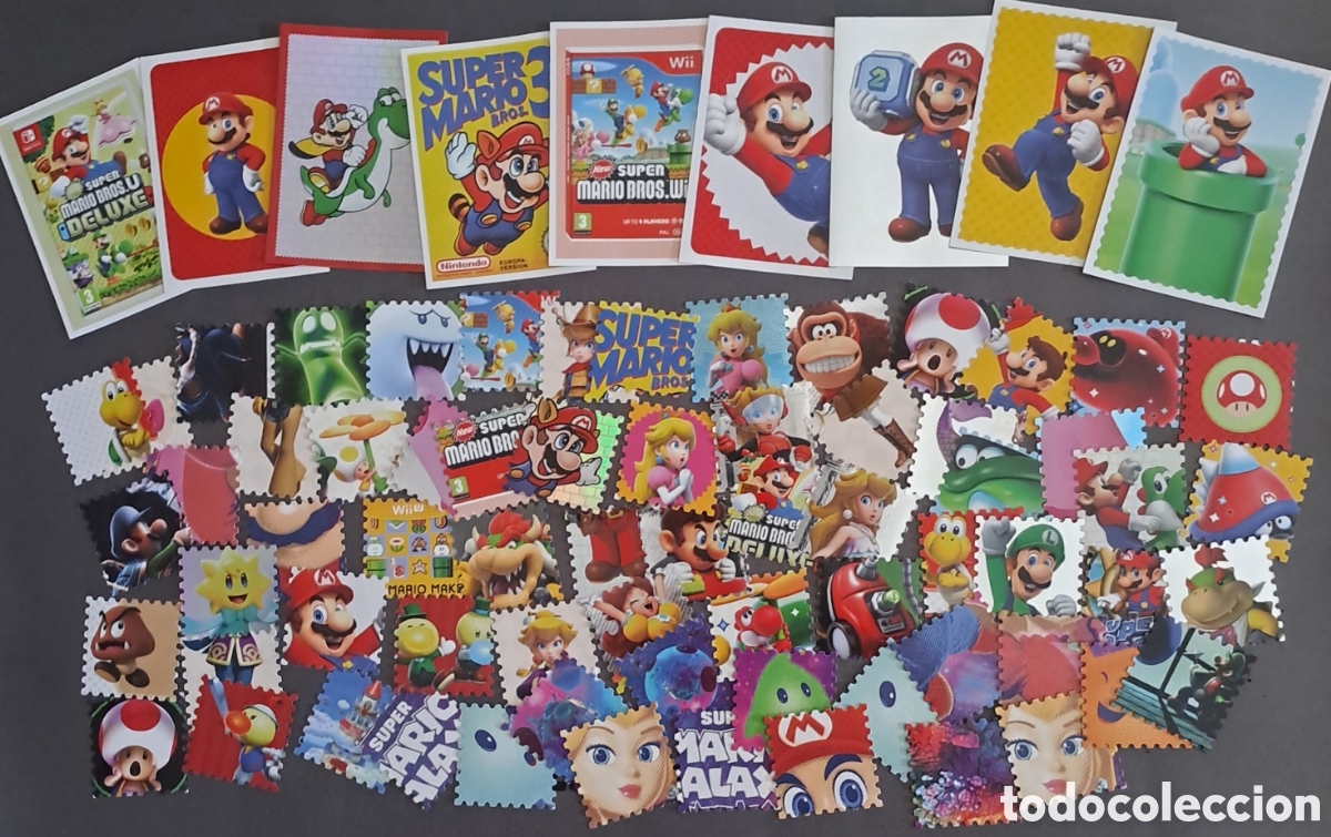 Coleccionismo cromos antiguos: Conjunto de 9 cromos y 67 stick stamp de super mario bros