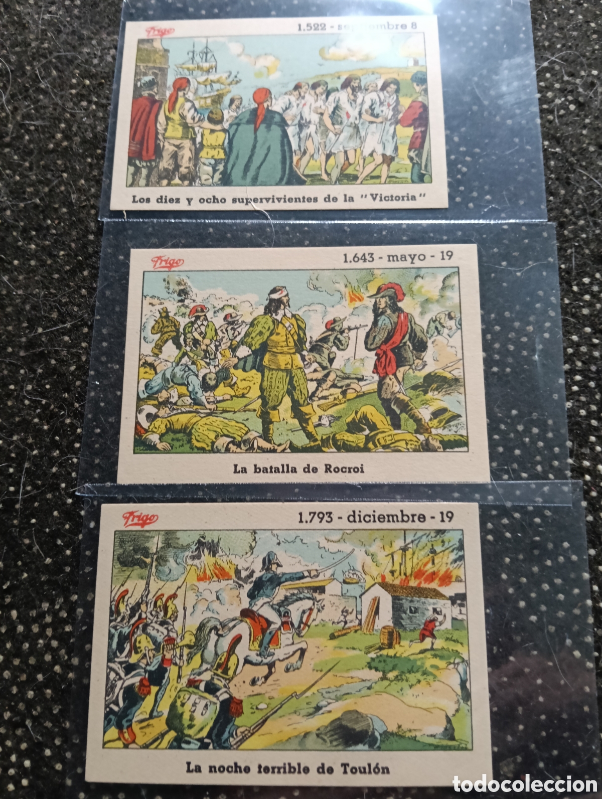 Coleccionismo cromos antiguos: 3 Cromos Frigo EFEM&Eacute;RIDES, la batalla de Rocroi, la noche terrible de Toulon y los 18 supervivientes