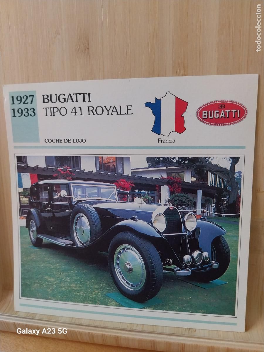 Coleccionismo cromos antiguos: BUGATTI ROYALE TIPO 41 FRANCIA TARJETA FICHA AUTOMOVIL COCHES 13.8CMS LADO VINTAGE