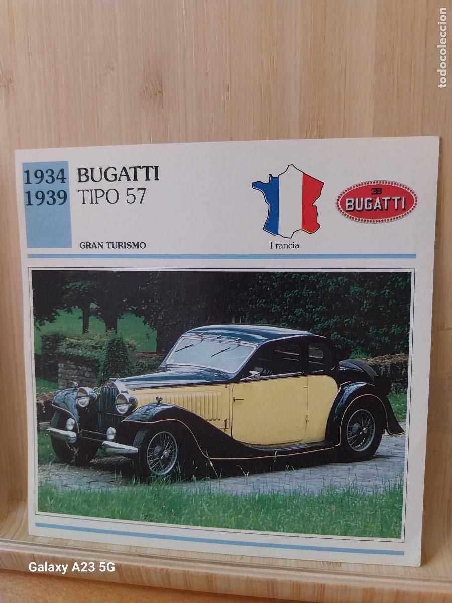 Coleccionismo cromos antiguos: BUGATTI TIPO 57 FRANCIA TARJETA FICHA AUTOMOVIL COCHES 13.8CMS LADO VINTAGE