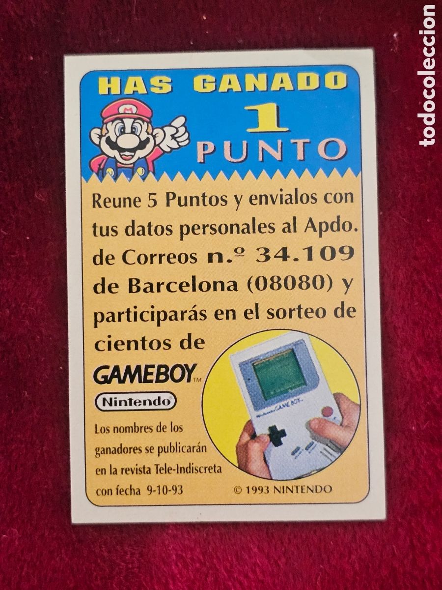 Coleccionismo cromos antiguos: Cromo Valetable Bimbo Game Boy Nintendo (1993) - &rdquo;Has Ganado 1 Punto&rdquo; Mario Bros