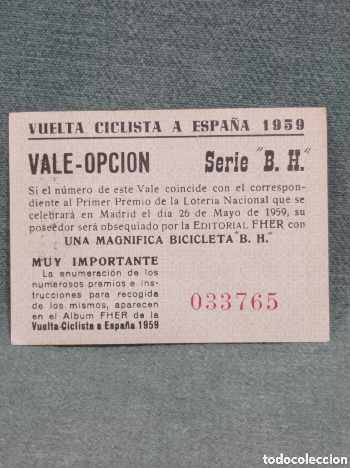 Coleccionismo cromos antiguos: VUELTA CICLISTA A ESPA&Ntilde;A - 1959 - EDITORIAL FHER - VALE SORTEO BIBICLETA BH
