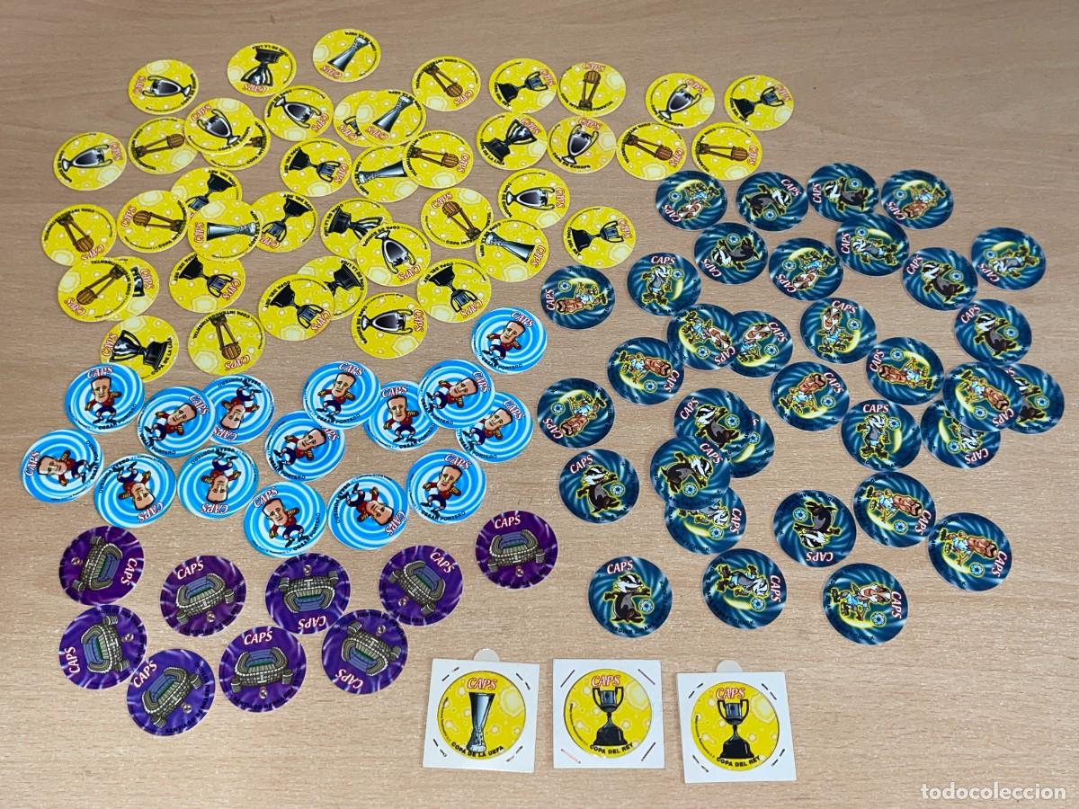 Coleccionismo cromos antiguos: REAL MADRID Lote 104 Tazos Caps variados diario AS a&ntilde;o 2000 Tarjet Producto Oficial pogs RM RMCF