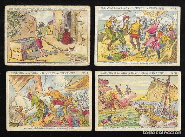 Coleccionismo cromos antiguos: Cromo. Historia de la Vida de D. Miguel de Cervantes, N&ordm;s 1-4-5-8 Chocolate Royal