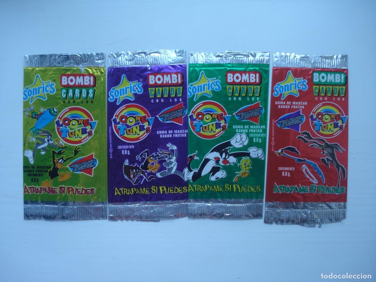 Coleccionismo cromos antiguos: 4 DIFERENTES ENVOLTORIOS LOONEY TUNES BOMBI CARDS SONRIC'S CROMOS CHICLES! WRAPPER BUBBLE GUM!