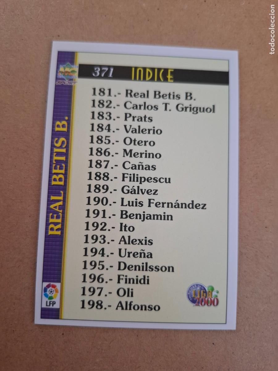Coleccionismo cromos antiguos: MUNDICROMO 1999 2000 99 00 - 371 INDICE - REAL BETIS