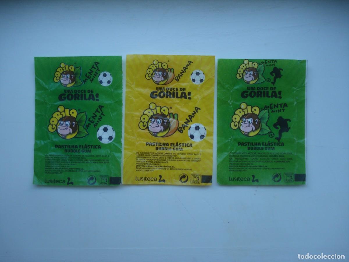 Coleccionismo cromos antiguos: 3 DIFERENTES ENVOLTORIOS GORILA FOOTBALL CROMOS CHICLES! KAUGUMMI BILDER WRAPPERS BUBBLE GUM!