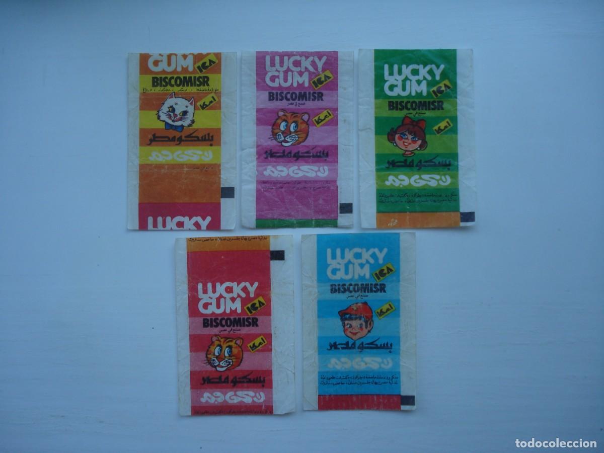 Coleccionismo cromos antiguos: 5 DIFERENTES ENVOLTORIOS LUCKY GUM BISCOMISR CROMOS CHICLES! JUEGO COMPLETO! WRAPPERS BUBBLE GUM!