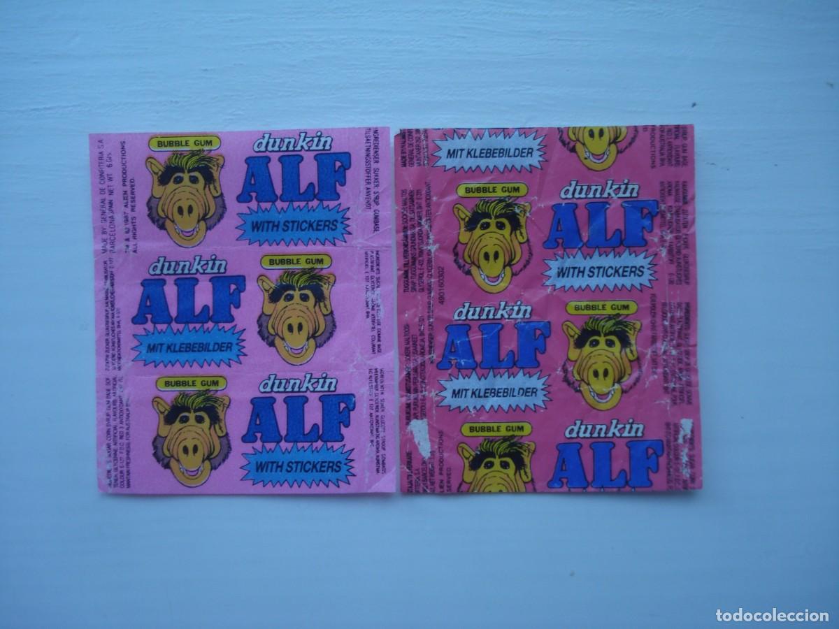 Coleccionismo cromos antiguos: 2 DIFERENTES ENVOLTORIOS ALF DUNKIN CROMOS CHICLES! KAUGUMMI BILDER WRAPPERS BUBBLE GUM!