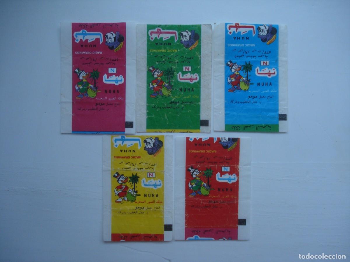 Coleccionismo cromos antiguos: 5 DIFERENTES ENVOLTORIOS NUHA DONALD CROMOS CHICLES! JUEGO COMPLETO! DISNEY WRAPPERS BUBBLE GUM!