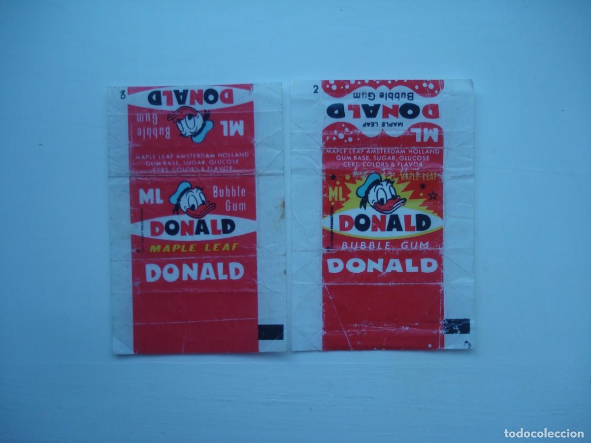 Coleccionismo cromos antiguos: 2 DIFERENTES ENVOLTORIOS DONALD MAPLE LEAF CROMOS CHICLES! KAUGUMMI DISNEY WRAPPERS ML BUBBLE GUM!