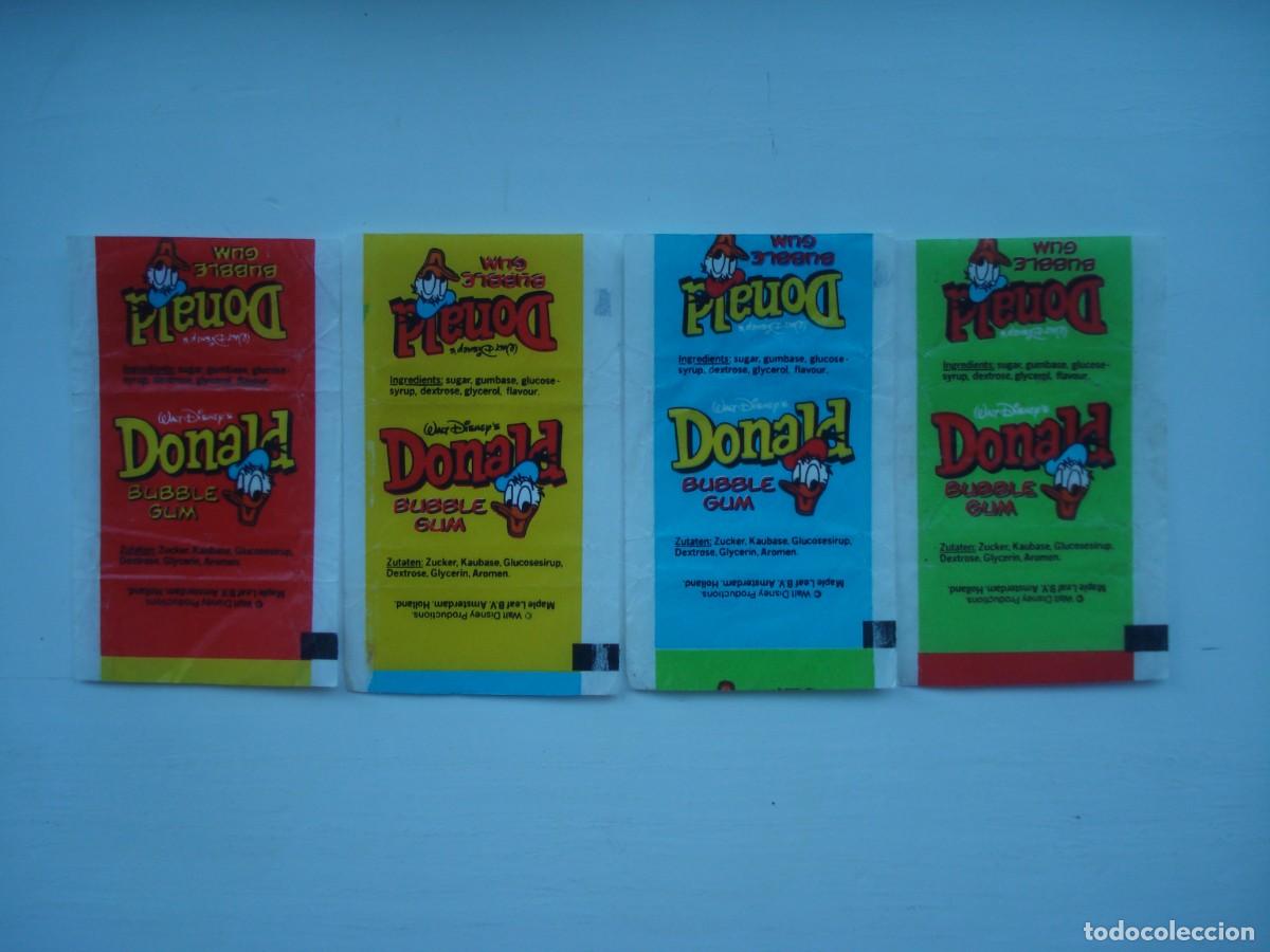 Coleccionismo cromos antiguos: 4 DIFERENTES ENVOLTORIOS DONALD ML CROMOS CHICLES! JUEGO COMPLETO! DISNEY WRAPPERS BUBBLE GUM!