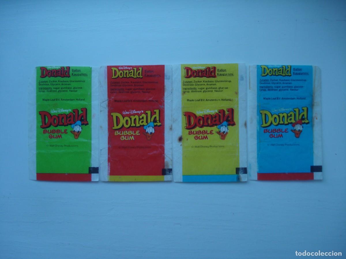 Coleccionismo cromos antiguos: 4 DIFERENTES ENVOLTORIOS DONALD ML CROMOS CHICLES! JUEGO COMPLETO! DISNEY WRAPPERS BUBBLE GUM!