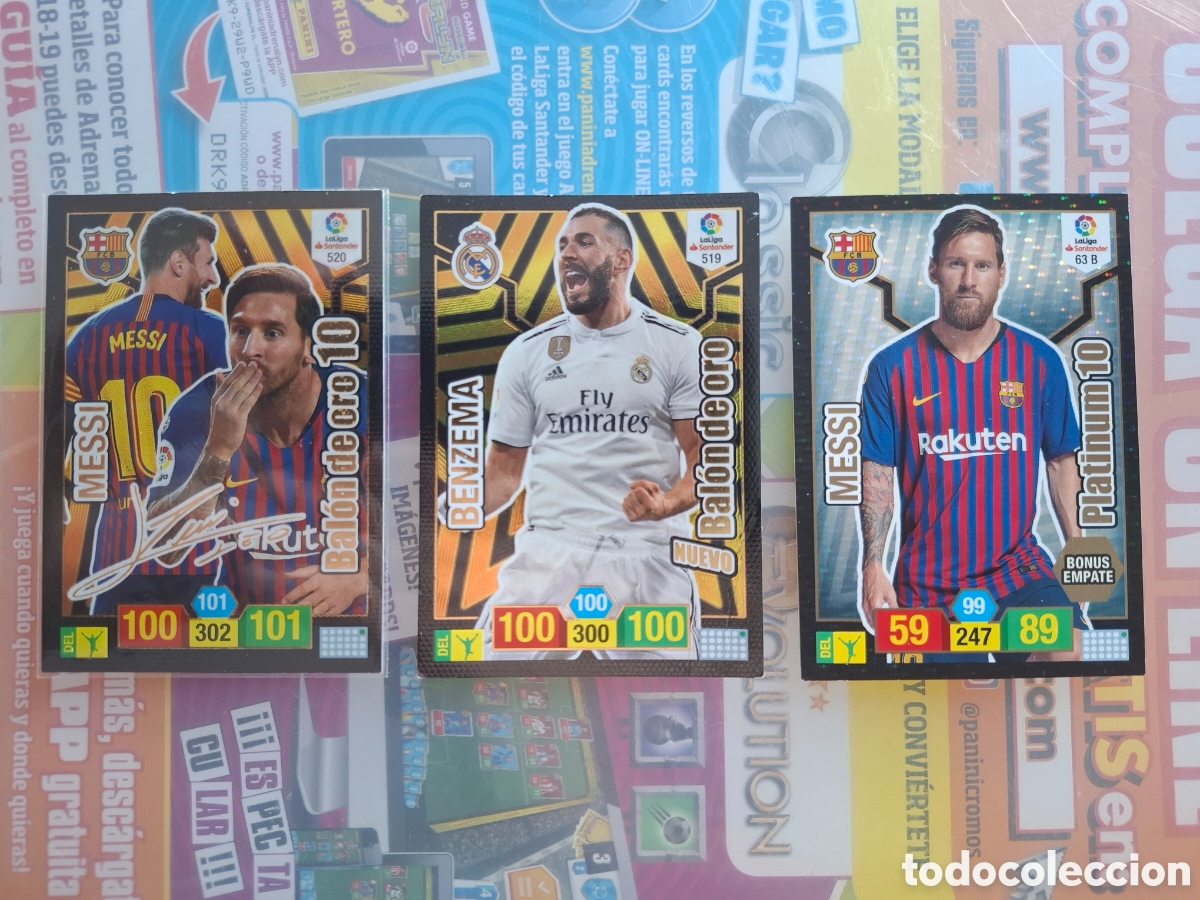 Coleccionismo cromos antiguos: Lote adrenalyn Liga 18-19 Messi bal&oacute;n oro firma