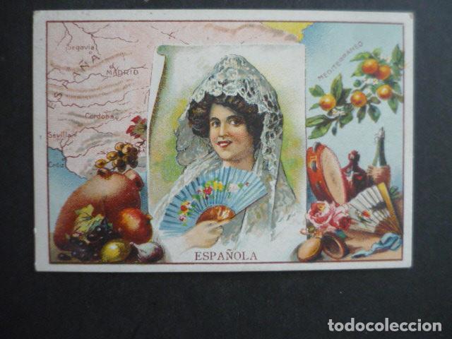 Collezionismo Figurine antiche: MUJER ESPA&Ntilde;OLA CROMO CON PUBLICIDAD CHOCOLATES VIRGEN DE LA ENCINA PONFERRADA LEON