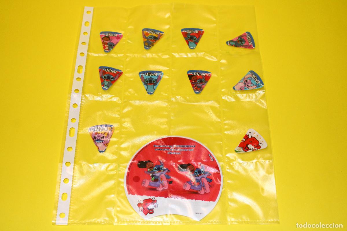 Coleccionismo cromos antiguos: STITCH | 9 Etiquetas / Cromos Triangulares | La Vaca que R&iacute;e | incluye el Cart&oacute;n Juego 7 Diferencias