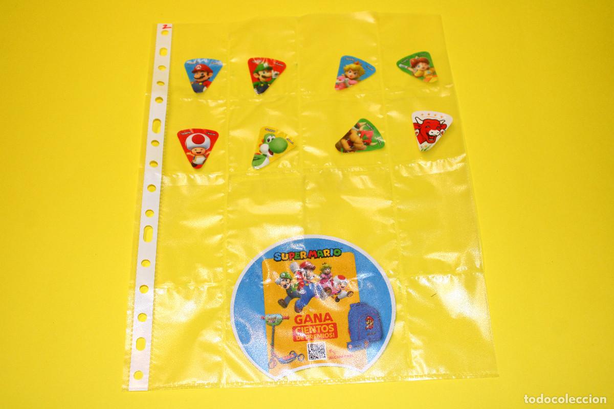 Coleccionismo cromos antiguos: SUPER MARIO 7 Etiquetas / Cromos Triangulares | La Vaca que R&iacute;e | incl. Cart&oacute;n Juego Sopa de letras