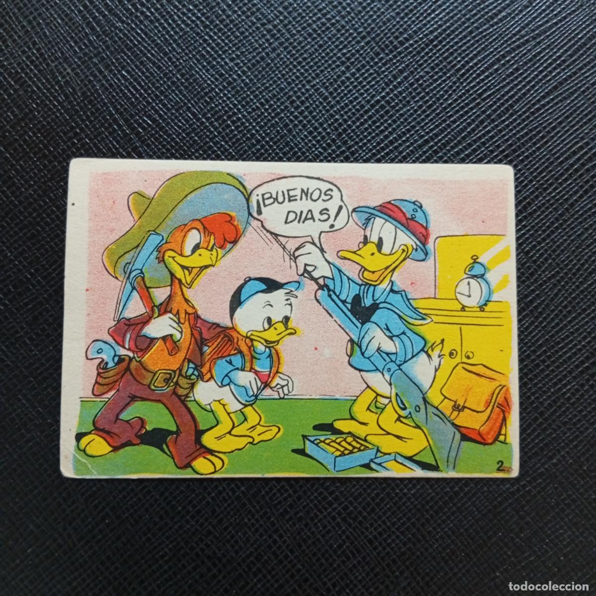 Coleccionismo cromos antiguos: 2 EL PATO DONALD VA DE CAZA CHOCOLATES LLOVERAS DISNEY 1948 CROMO - SIN PEGAR - A214 PG136