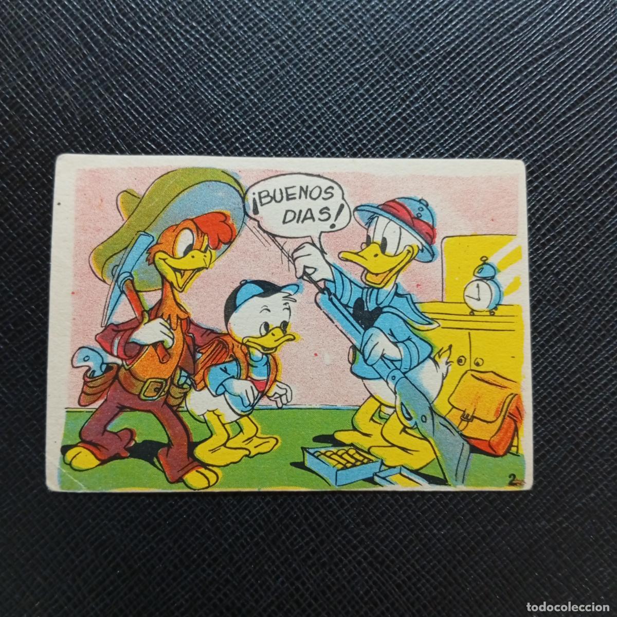 Coleccionismo cromos antiguos: 2 EL PATO DONALD VA DE CAZA CHOCOLATES LLOVERAS DISNEY 1948 CROMO - SIN PEGAR - A214 PG136 B