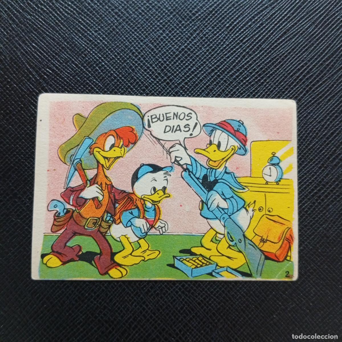 Coleccionismo cromos antiguos: 2 EL PATO DONALD VA DE CAZA CHOCOLATES LLOVERAS DISNEY 1948 CROMO - SIN PEGAR - A214 PG145