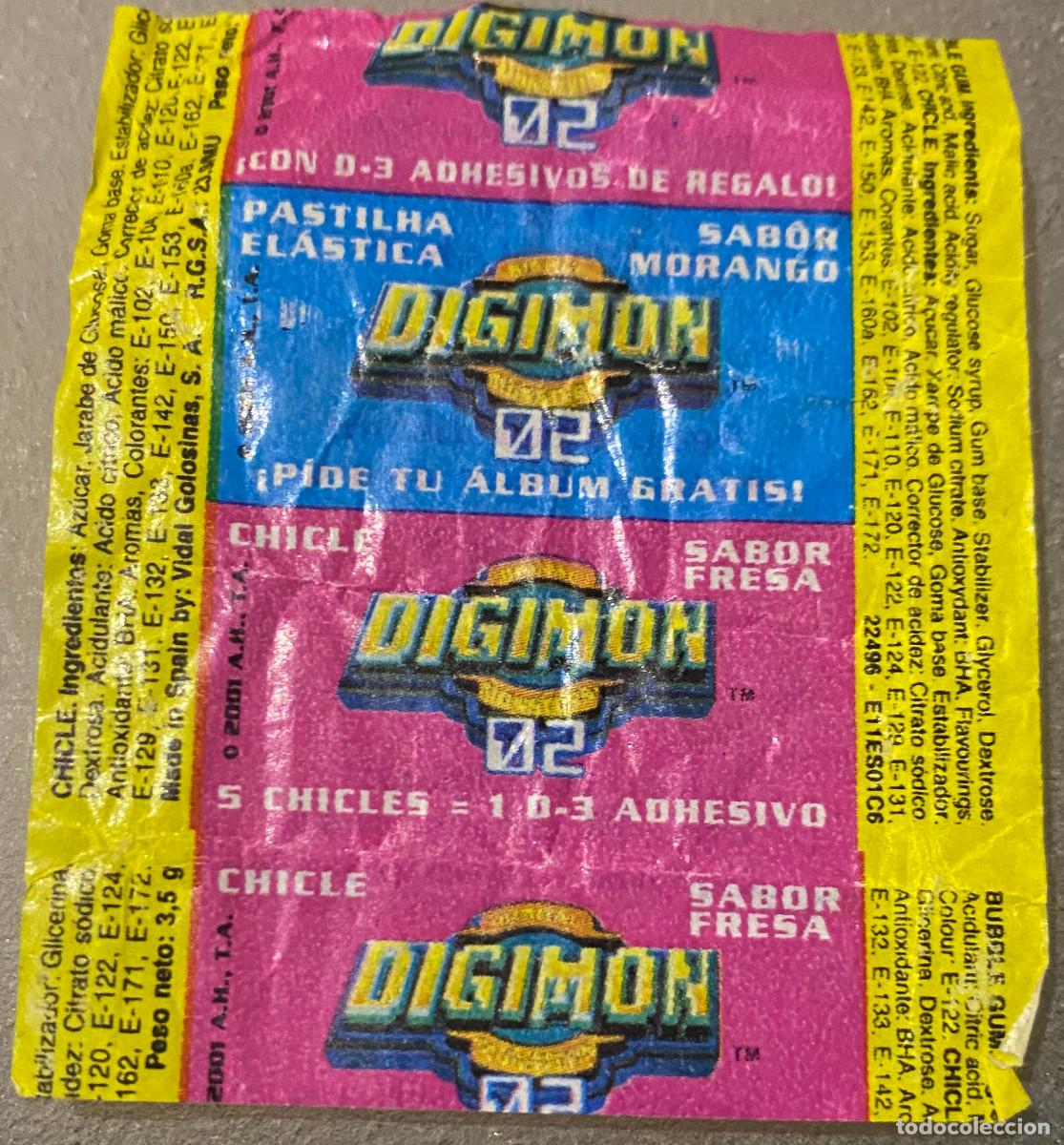 Coleccionismo cromos antiguos: Papel envoltorio de Chicles Digimon 02 de Vidal. A&ntilde;o 2001. Tra&iacute;a un chicle y un cromo en el interior