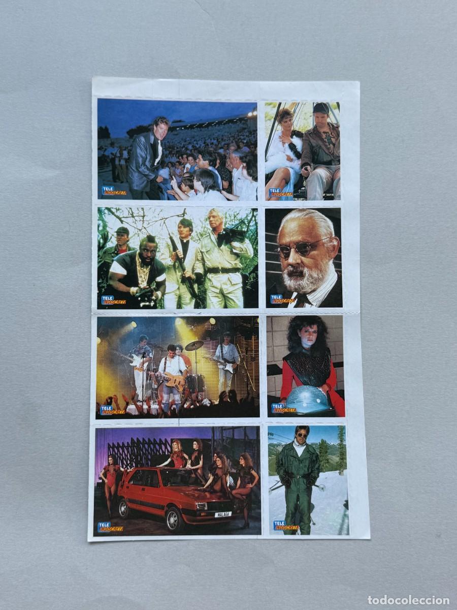 Sammeln alte Sammelbilder: Hoja de cromos Tele Indiscreta. Varias series: Serie V, Un, dos tres, Equipo A. 8 cromos.