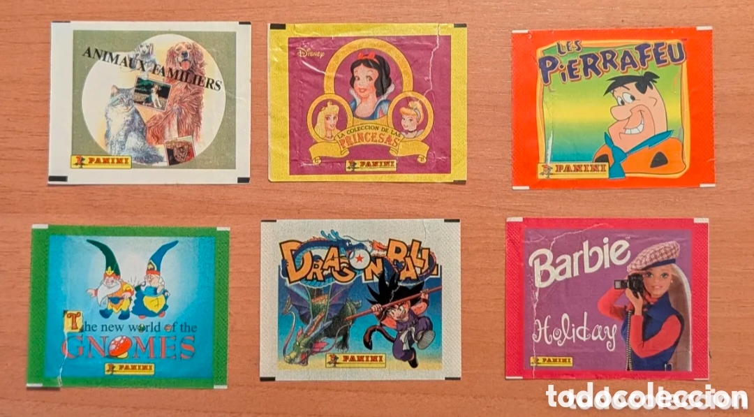 Coleccionismo cromos antiguos: Sobres cromos vac&iacute;os, Panini, envoltorios. Dragon Ball, Los Gnomos, Los Picapiedra, Barbie, Animales
