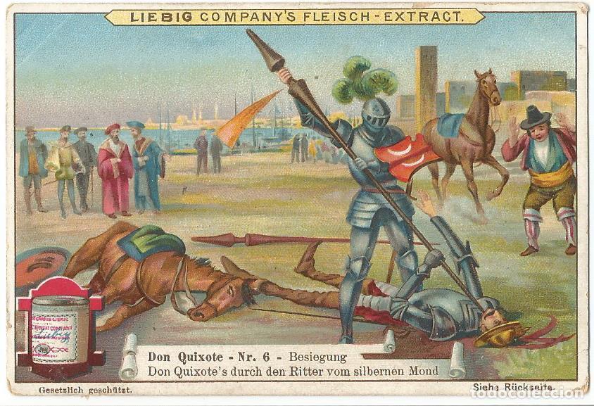 Coleccionismo cromos antiguos: Cromo Don Quijote. El Caballero de la Blanca Luna vence al Quijote. Raro Cromo Belga Liebig de 1898
