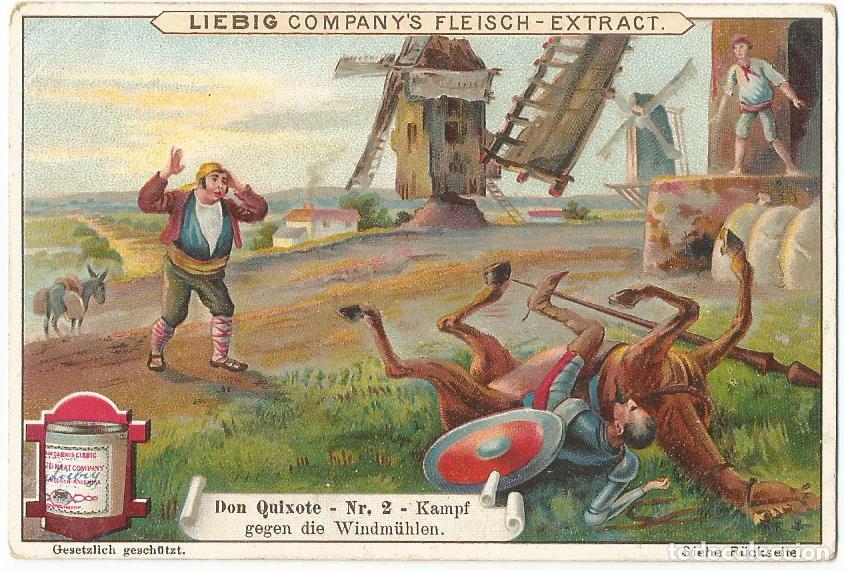 Coleccionismo cromos antiguos: Cromo Don Quijote. El Quijote lucha contra los Molinos de Viento. Raro Cromo Belga Liebig de 1898