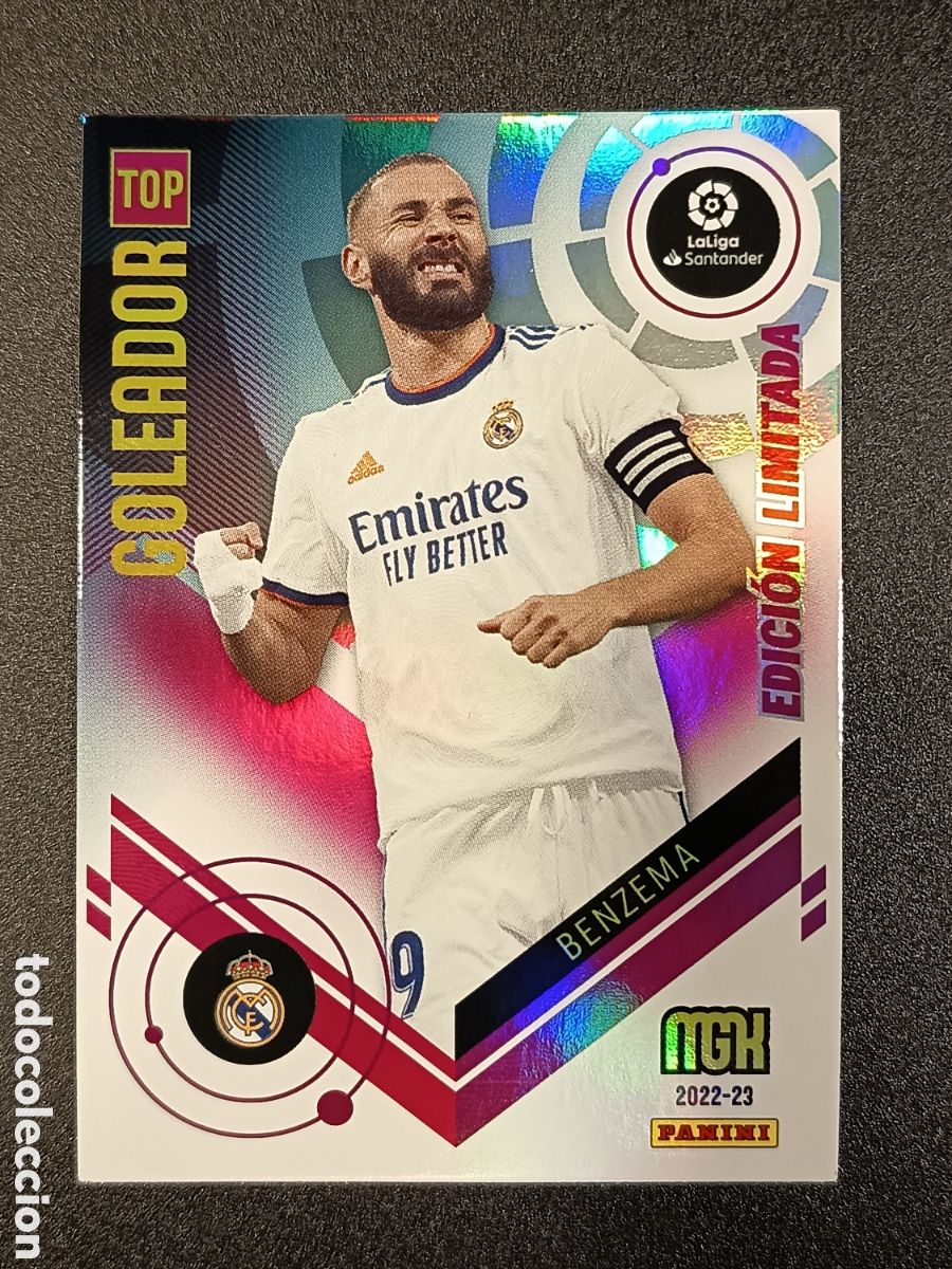 Coleccionismo cromos antiguos: CROMO CARD MEGACRACKS 2022-23 PANINI GOLEADOR TOP BENZEMA EDICI&Oacute;N LIMITADA
