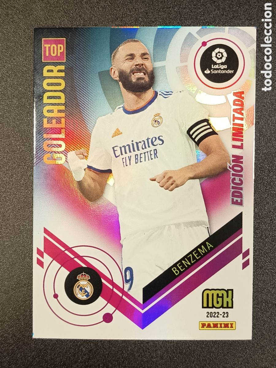 Coleccionismo cromos antiguos: CROMO CARD MEGACRACKS 2022-23 PANINI GOLEADOR TOP BENZEMA EDICI&Oacute;N LIMITADA