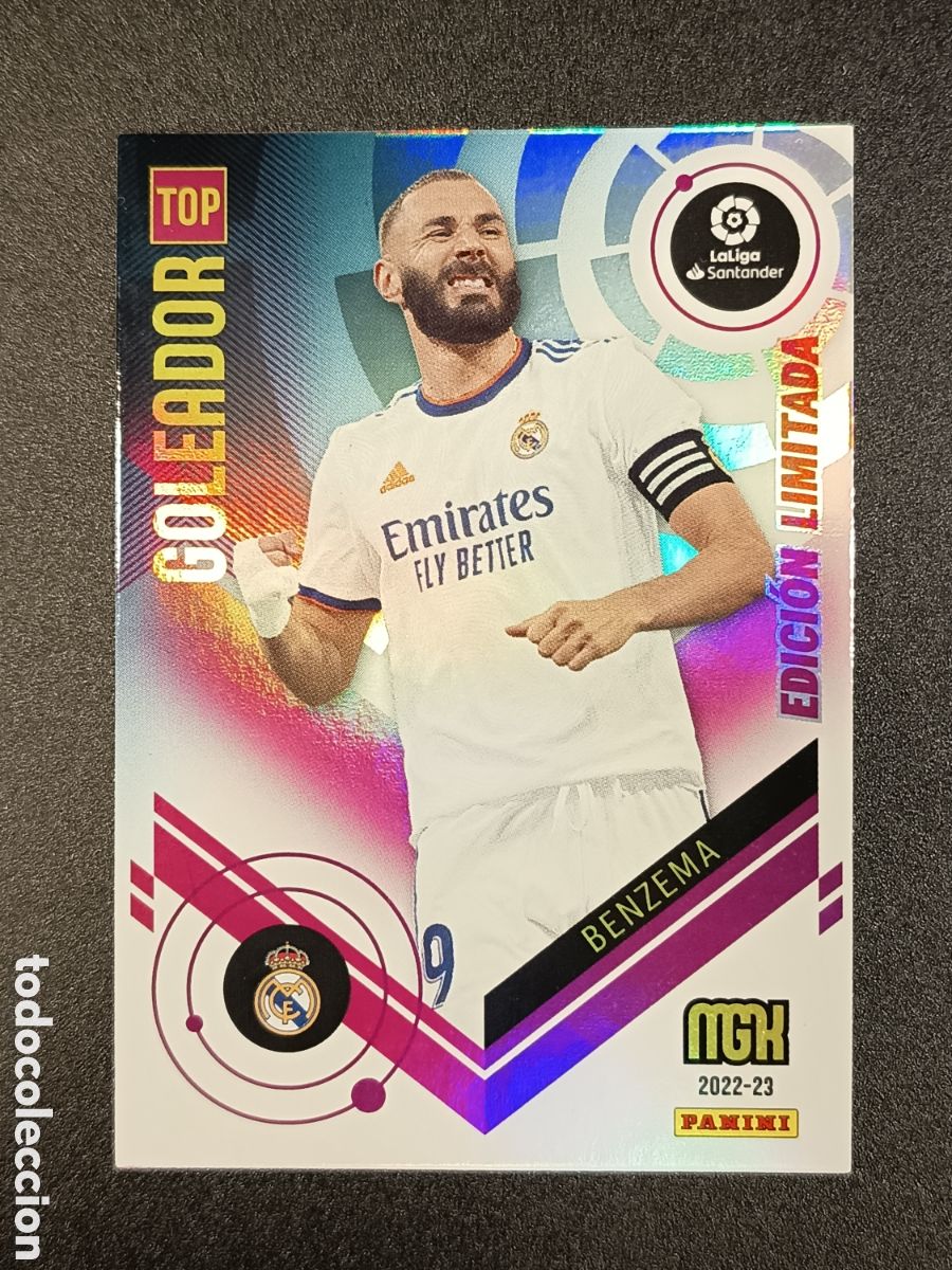 Coleccionismo cromos antiguos: CROMO CARD MEGACRACKS 2022-23 PANINI GOLEADOR TOP BENZEMA EDICI&Oacute;N LIMITADA