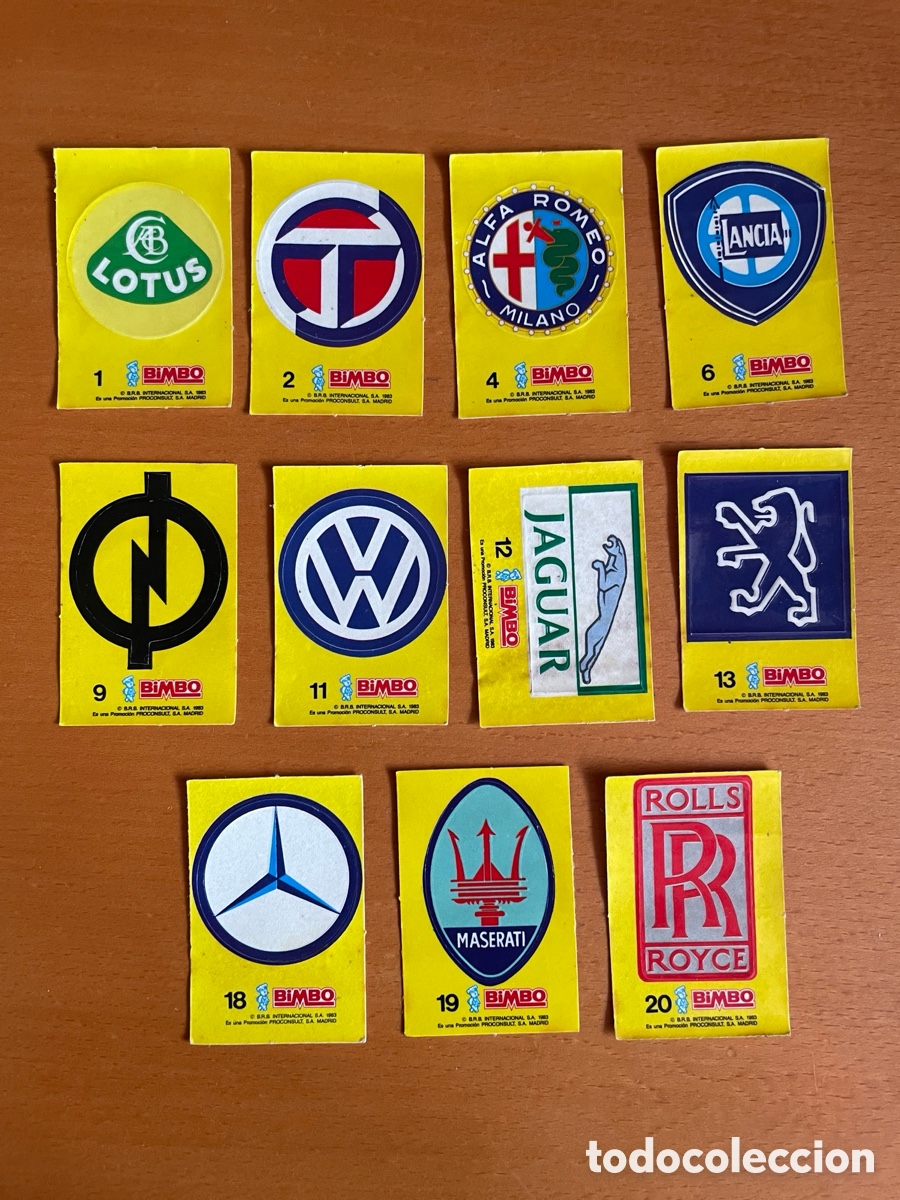 Coleccionismo cromos antiguos: Bimbo 1983 &ndash; Lote de 11 cromos adhesivos en relieve &laquo;Marcas de coches&raquo; con soporte