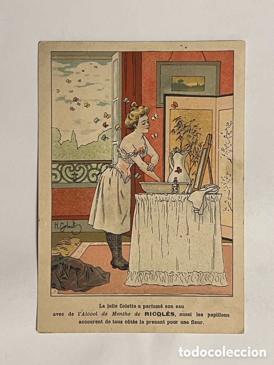 Collectable Antique Stickers: CROMO ALCOHOL MENTA RICQLES,1905.. Ilustra H. GERBAULT.. (9,5 x 13)